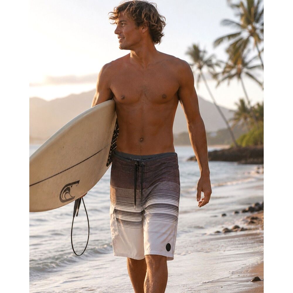 O'Neill Men's Board Shorts Size 36 Brown Gray White Striped Surf Swim Trunks